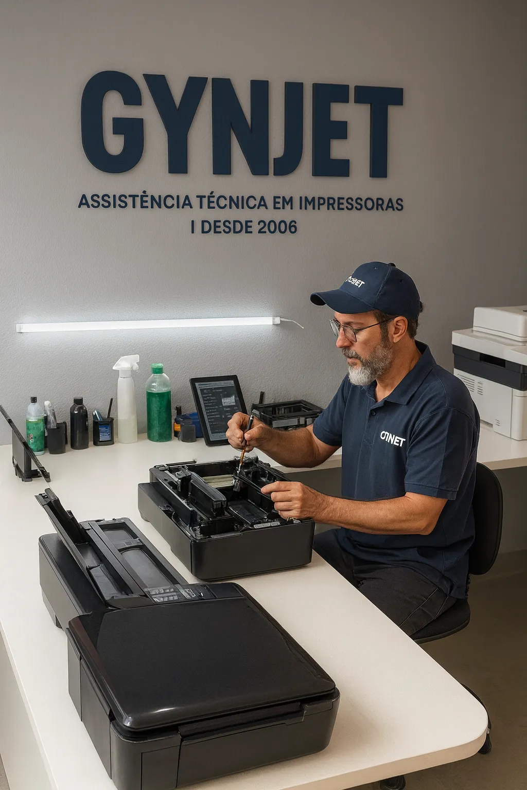 Técnico Gynjet reparando impressora